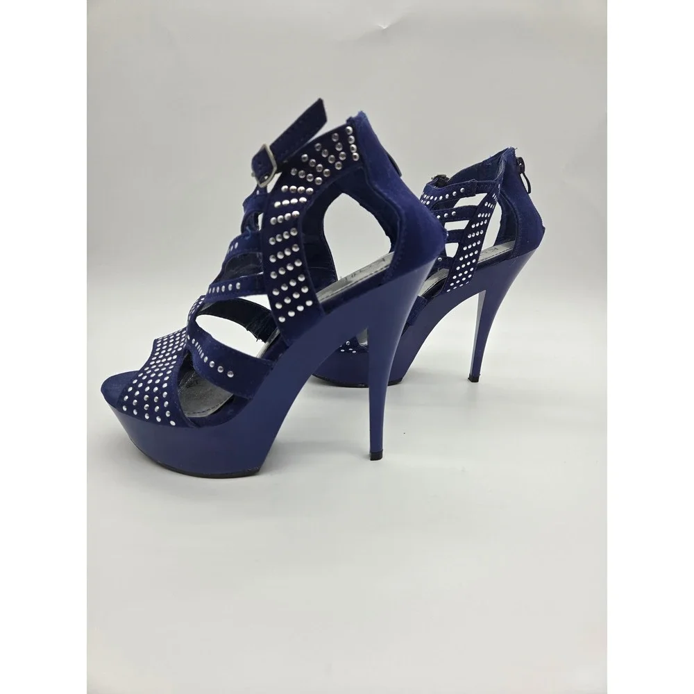 Kali Platform Cage‎ Sandals 7 Blue Women Studded Stiletto Heels TUBE-1